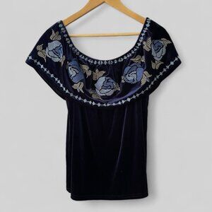 Francesca’s Womens Velvet Floral Embroidered Top Size Large Blue Boho Peasant